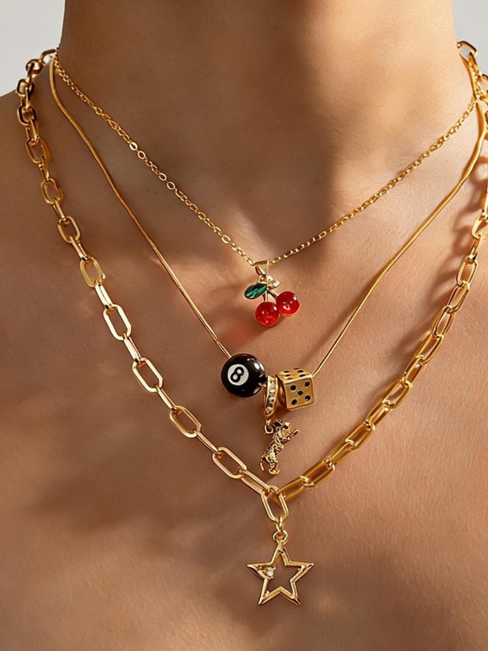 Anthropologie Gold Multilayer Charm Necklace with Red Cherry & Black Eight-Ball